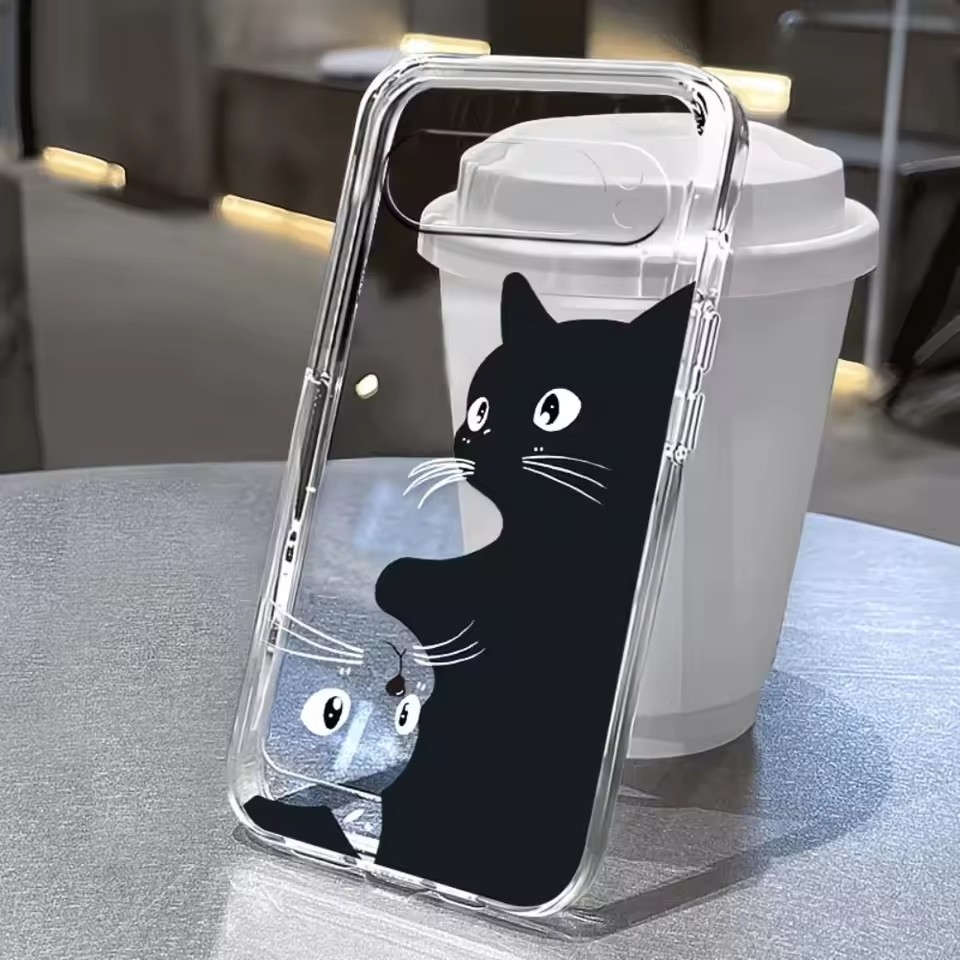 Google Pixel 8A - เคสใสลายการ์ตูนแมวดำสุดน่ารักสำหรับ Google Pixel 11 10 9
