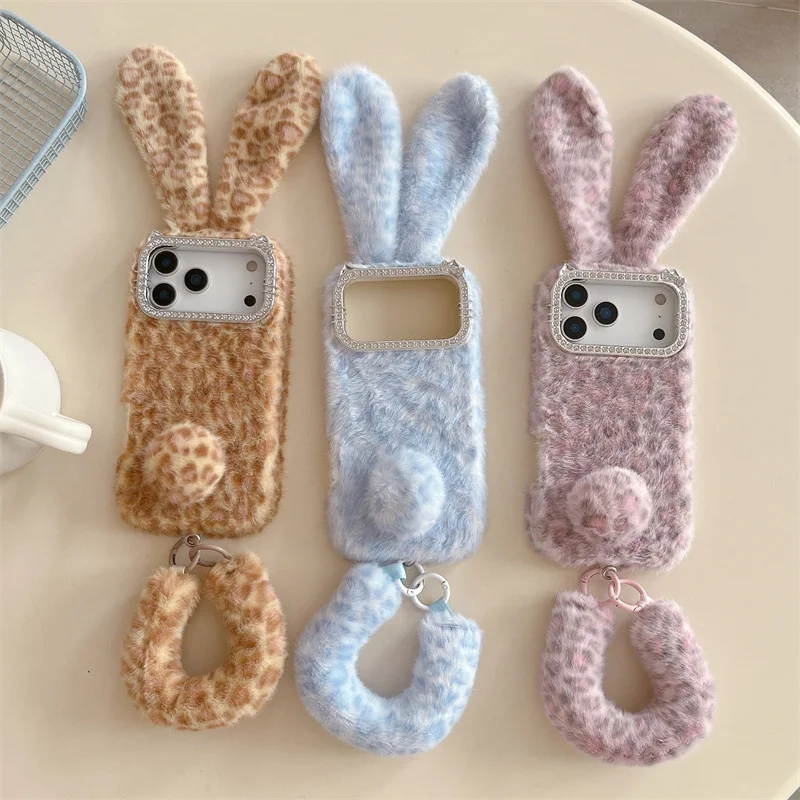 Apple Iphone 16 - เคสขนนุ่มลายการ์ตูนน่ารักลายเสือดาวพร้อมหูกระต่ายสำหรับ iPhone 18 17 Air 16
