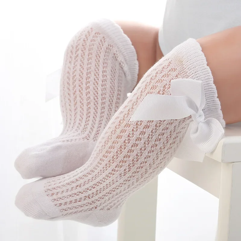 Baby Sock Oximeter - ฤดูร้อนตาข่ายถุงเท้าเด็กทารกน่ารัก Big Bows ผ้าฝ้ายนุ่มสีขาวสีแดงทารกแรกเกิดถุงน่องเข่าสูงยาวสําหรับถุงเท้าเด็กวัยหัดเดิน